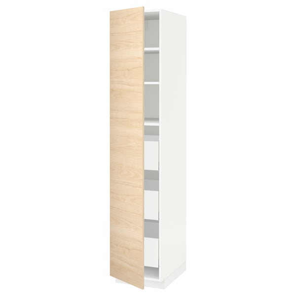 METOD tall white cabinet, light ash door, with shelves and drawers.