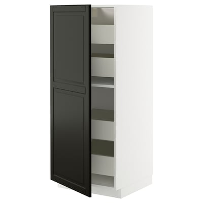 METOD white cabinet with black door, sleek design, adjustable shelves, soft-closing drawers.