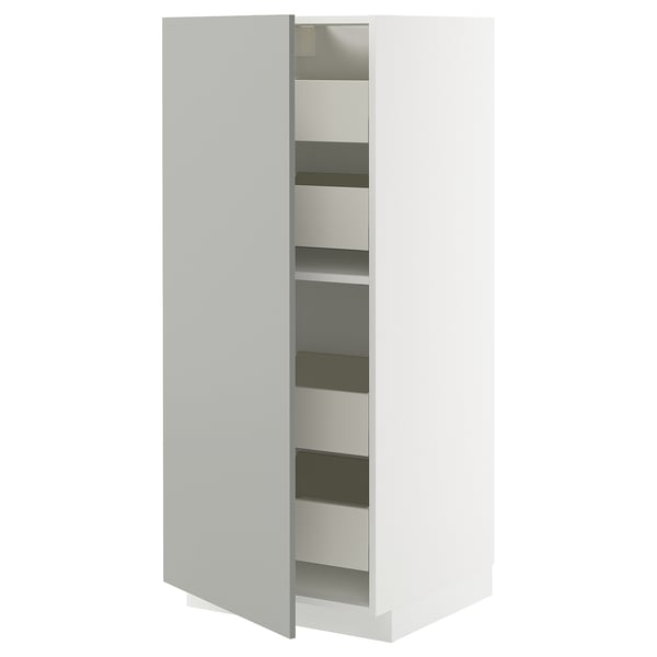 Modern light grey kitchen cabinet with multiple shelves.