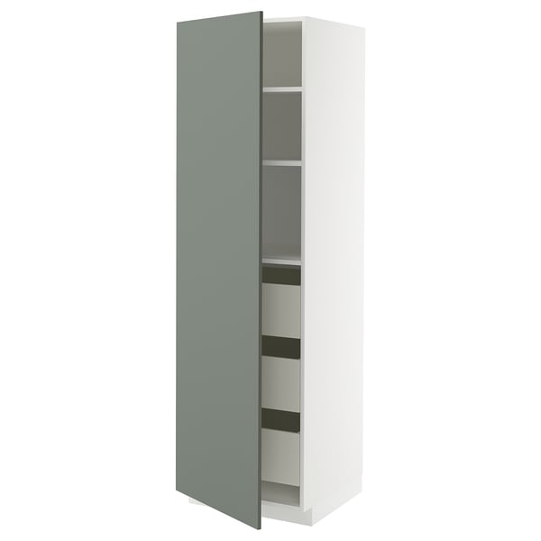 A modern white cabinet with a grey-green door slightly ajar, revealing adjustable shelves inside.