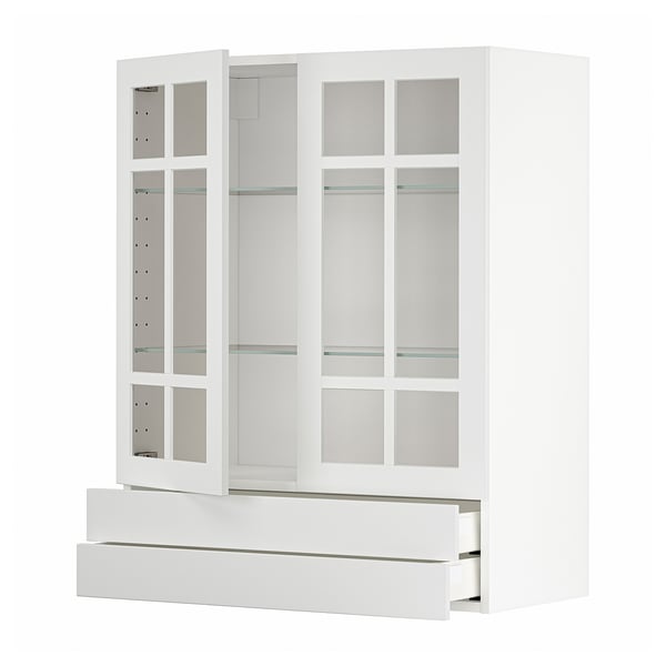 White METOD kitchen cabinet with glass doors & drawers.