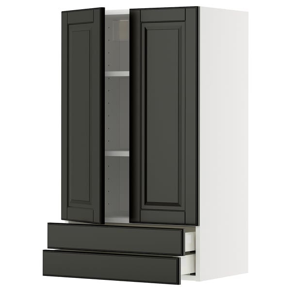 A black kitchen cabinet with two doors and two drawers, part of the METOD system. It is modern with beveled edges and a sleek design.