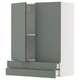 Modern grey-green kitchen cabinet with doors and drawers, sleek and contemporary design.