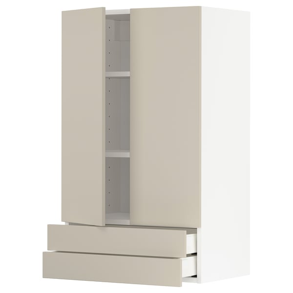 Beige METOD kitchen cabinet with adjustable shelves and drawers.