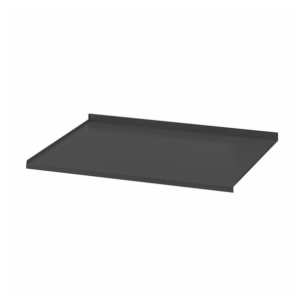 Black rectangular shelf, flat surface, plastic material.