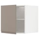 An open beige-white METOD kitchen cabinet, featuring a minimalist design with adjustable shelves.