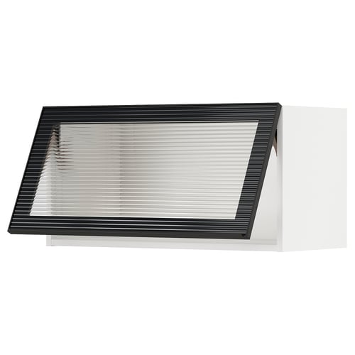 Black modern kitchen cabinet with beveled glass door. Sleek and minimal.