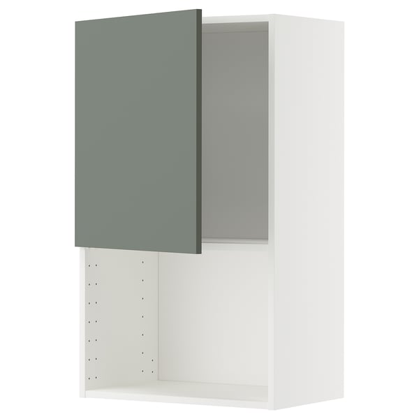Modern kitchen cabinet, white with grey-green door. Square shape and adjustable shelf.