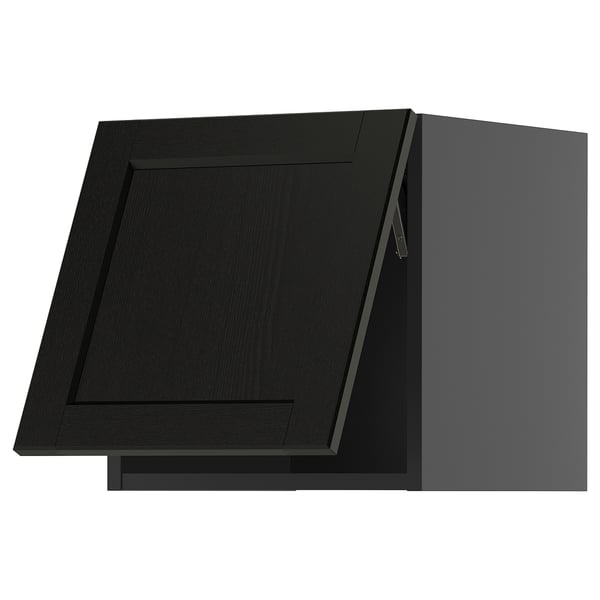 Black kitchen cabinet, modern and angular, made of wood, with sleek lines and a traditional character.