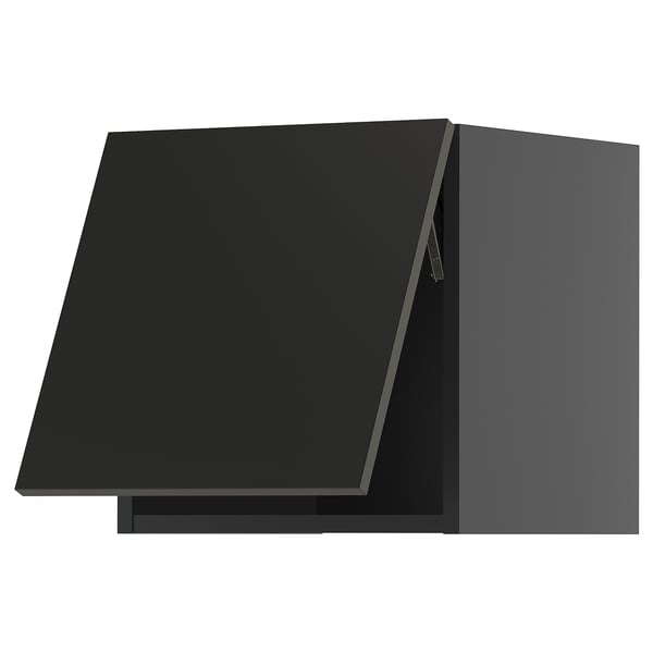 A modern black kitchen cabinet from the METOD system, showcasing a sleek, angled design with a smooth, dark finish.