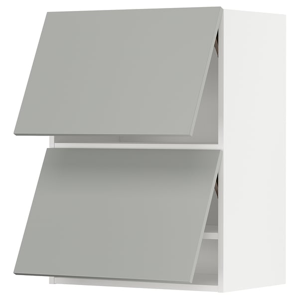 Modern kitchen cabinets in light grey, sleek design with metallic handles.