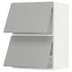 Modern kitchen cabinets in light grey, sleek design with metallic handles.