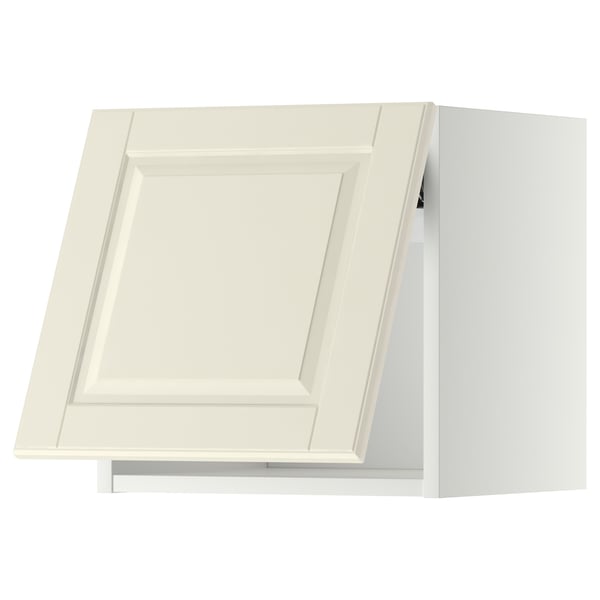 Off-white METOD kitchen cabinet with beveled edges. Square, flat-panel design.