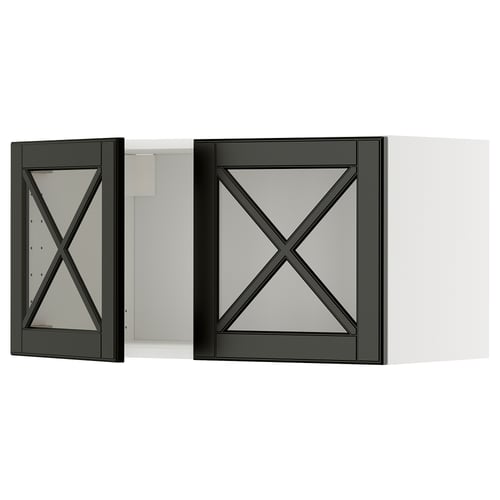 A dark gray modern kitchen cabinet with a cross-patterned glass door.