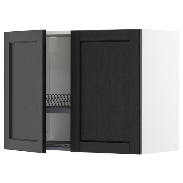A dark grey METOD kitchen wall cabinet with one door open, revealing a dish drainer inside.
