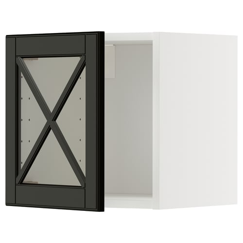 Modern kitchen setup with black framed glass doors featuring x design.