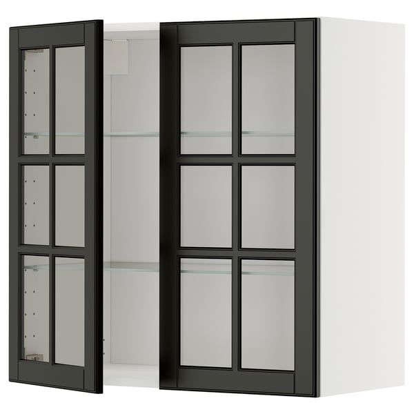 Modern black kitchen cabinet with glass doors, sleek design.