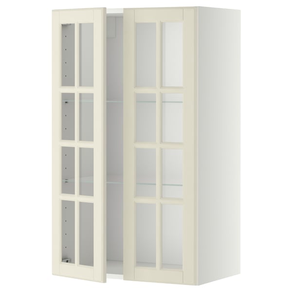 White METOD kitchen cabinet with glass doors, square shape, particleboard frame, adjustable shelves, beveled glass.
