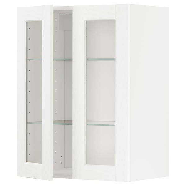 White METOD kitchen cabinet with glass doors and adjustable shelves.