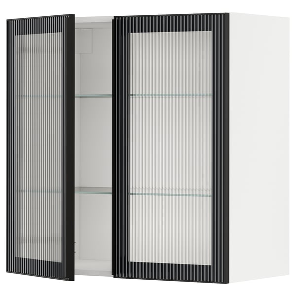 Modern black kitchen cabinet with frosted glass doors and white interior, rectangular and sleek design.