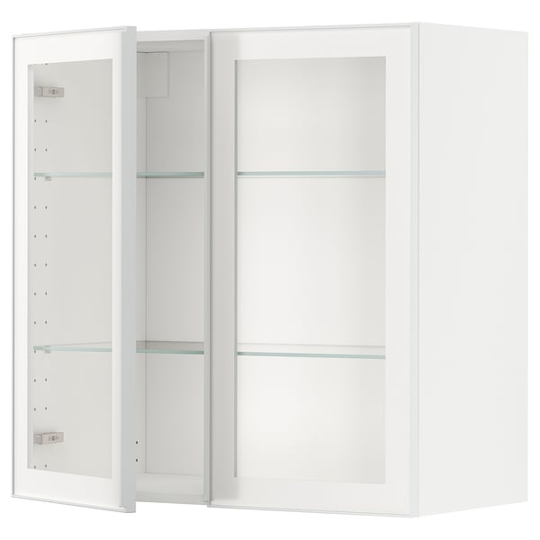 METOD white modern glass-door cabinet with adjustable shelf, aluminum frame.