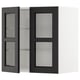 Black stained wooden wall cabinet with glass doors and shelves. Modern, rectangular shape, sleek design.