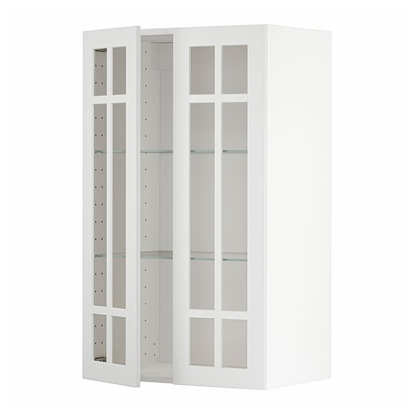 White METOD kitchen cabinet with glass doors, sleek design, adjustable shelves.