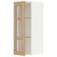 White METOD wall cabinet with oak veneer glass doors, rectangular shape, three shelves, classic kitchen design.