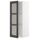White METOD kitchen cabinet with black stained frame and glass shelves.