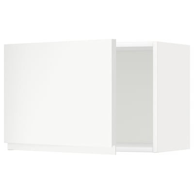 This image shows a white kitchen cabinet from IKEAs METOD system. It a minimalist design with a single door and clean lines.