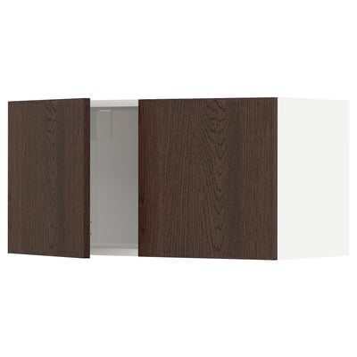 Brown kitchen cabinet with glass door.