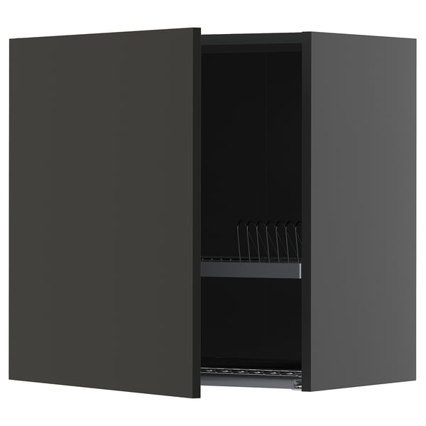 Black kitchen cabinet with one open door revealing wire dish drainer inside, modern design.