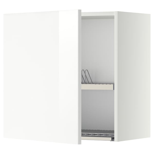 White METOD kitchen cabinet, glossy, rectangular, single door, metal drainer, modern design.