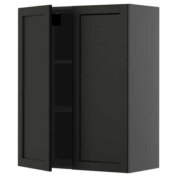 Black kitchen cabinet with two dark wood doors, one open revealing an adjustable shelf inside.