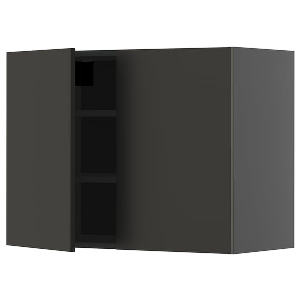 Modern black kitchen cabinet with two doors and shelves. Sleek, minimalist design with adjustable shelves.