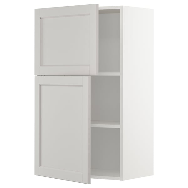 White kitchen wall cabinet, rectangular, two doors, adjustable shelves.