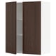 Dark brown wall cabinet with two doors open showing empty shelves.