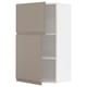 A modern kitchen cabinet in beige with a sleek design, featuring adjustable shelves and integrated handles.