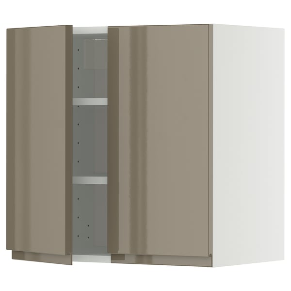 METOD kitchen wall unit, high gloss dark grey-brown, with 2 doors and 2 shelves. Modern, sleek design with flush handles.