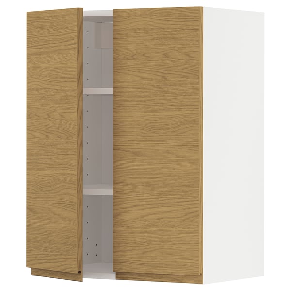 Wood-grain cabinet, open to reveal white shelves.