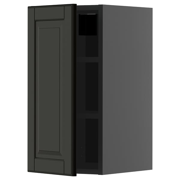 Modern black wall cabinet with adjustable shelf, beveled door edges.
