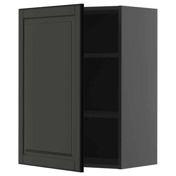 A dark grey METOD wall cabinet with one door open, revealing an adjustable shelf inside.