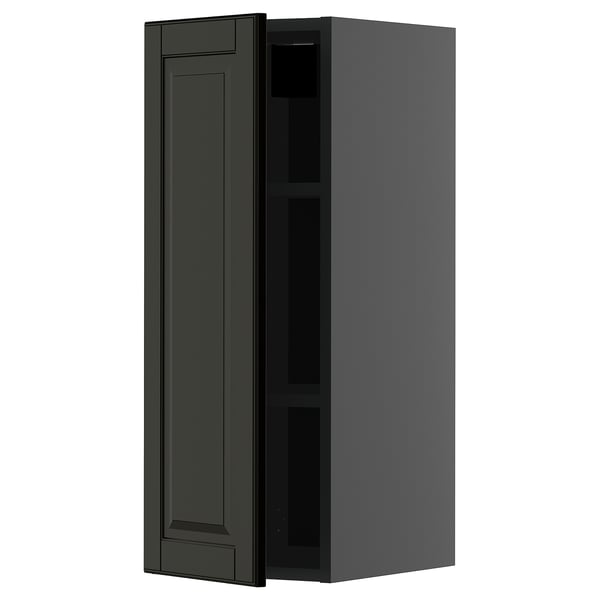 Dark grey kitchen cabinet. Modern, rectangular design with beveled edges.