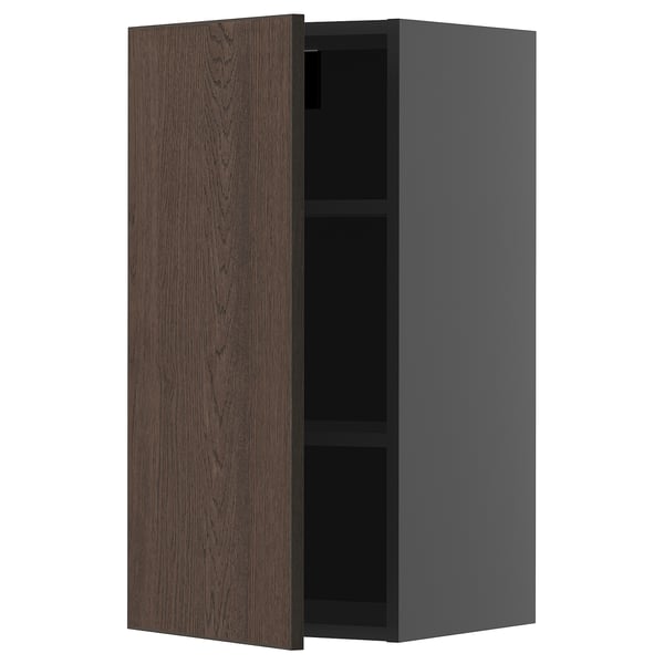 Alt: dark wood and grey wall-mounted cabinet, single door open.