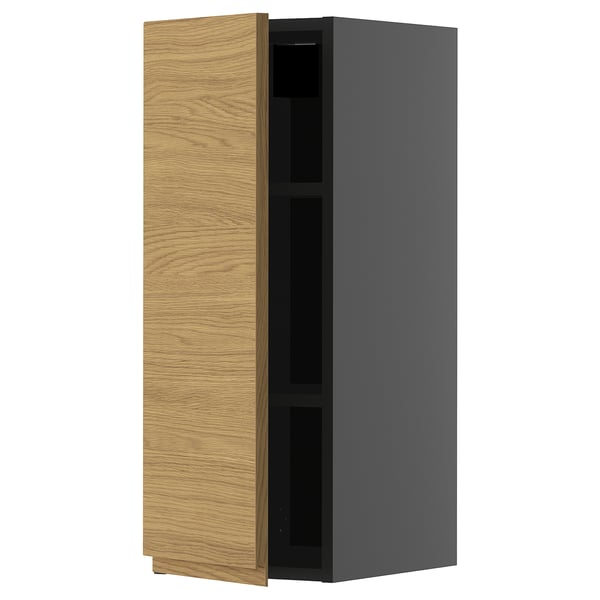 Modern kitchen cabinet with oak-wood door, black frame, rectangular shape, and minimalist design.