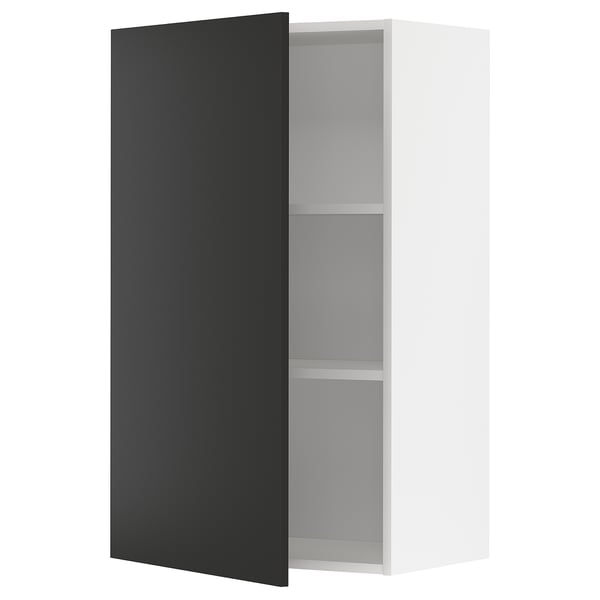 A METOD kitchen wall cabinet with a black nickebo door and two shelves inside.