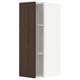 Open kitchen cabinet, wood finish, modern design, dark brown, white interior.