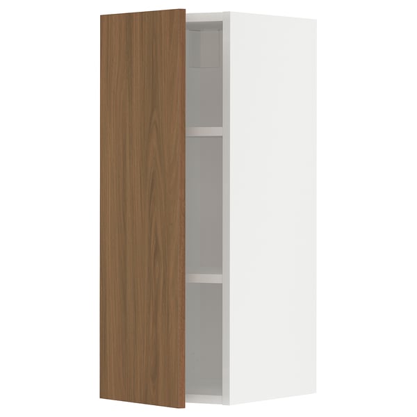 Is of a white and brown wooden cabinet with two shelves from the METOD kitchen system.