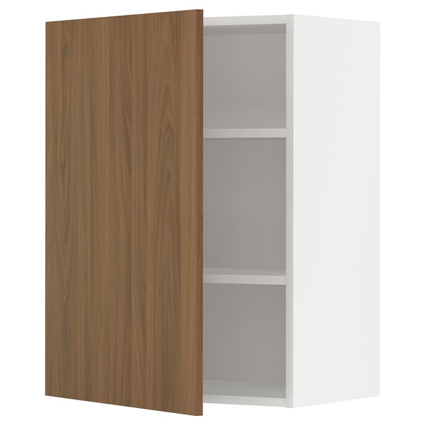 Modern white kitchen cabinet with walnut door. Square shape, smooth finish, single door, two shelves.