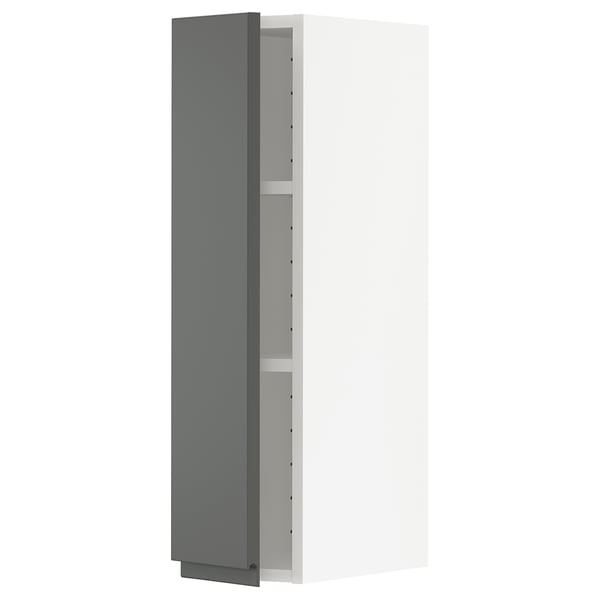Open METOD wall cabinet in dark grey with modern, minimalist design and built-in shelves against a white background.